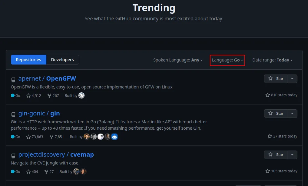 صفحه trending گیتهاب